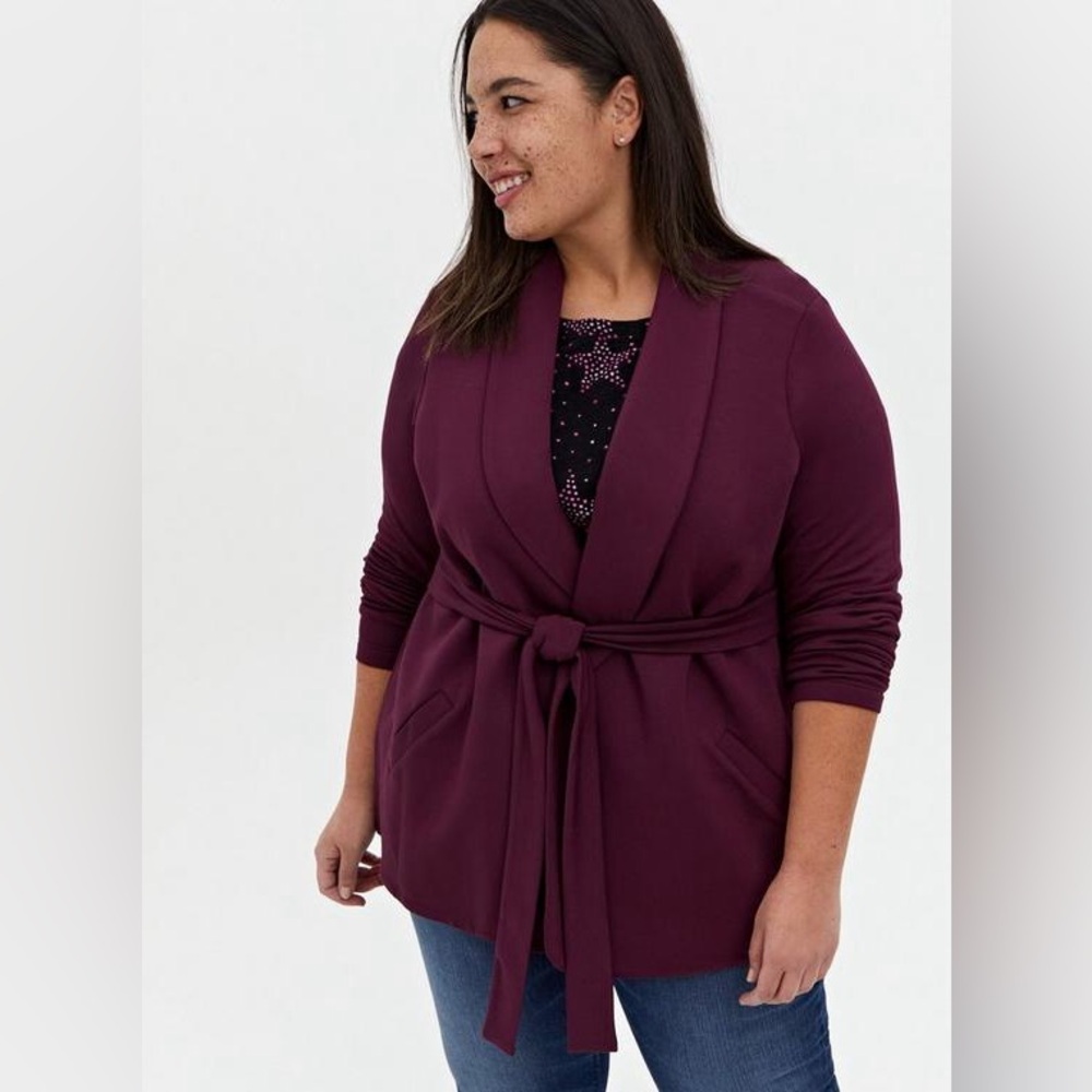 Torrid Knit Tie Waist Business Casual Blazer in Wine/Purple/Plum Color Size 3X